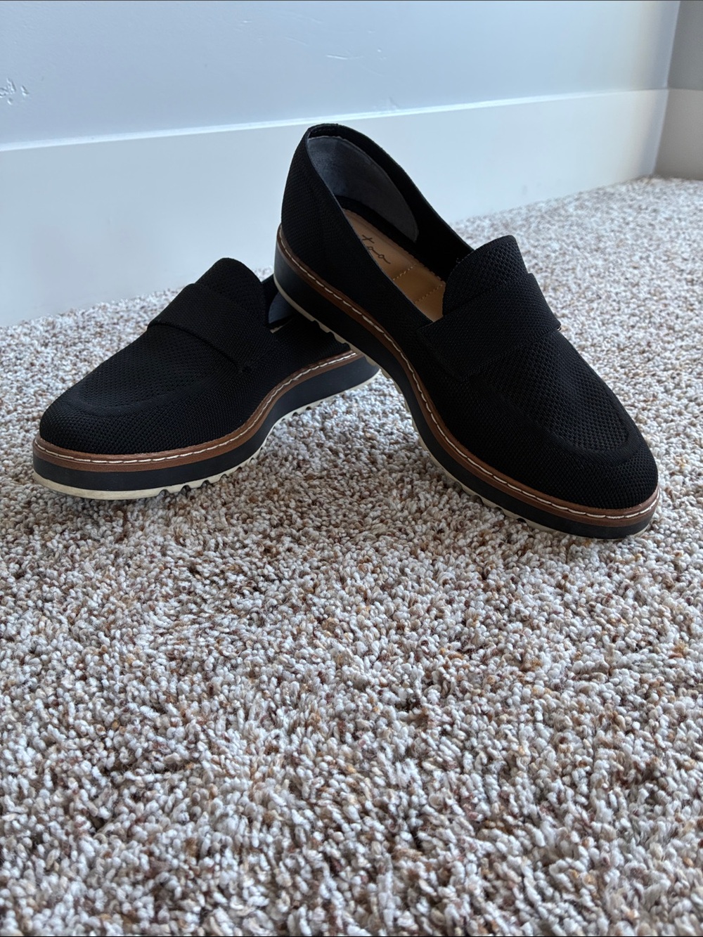 me too Black Knit Slip-On Loafers with Brown Trim